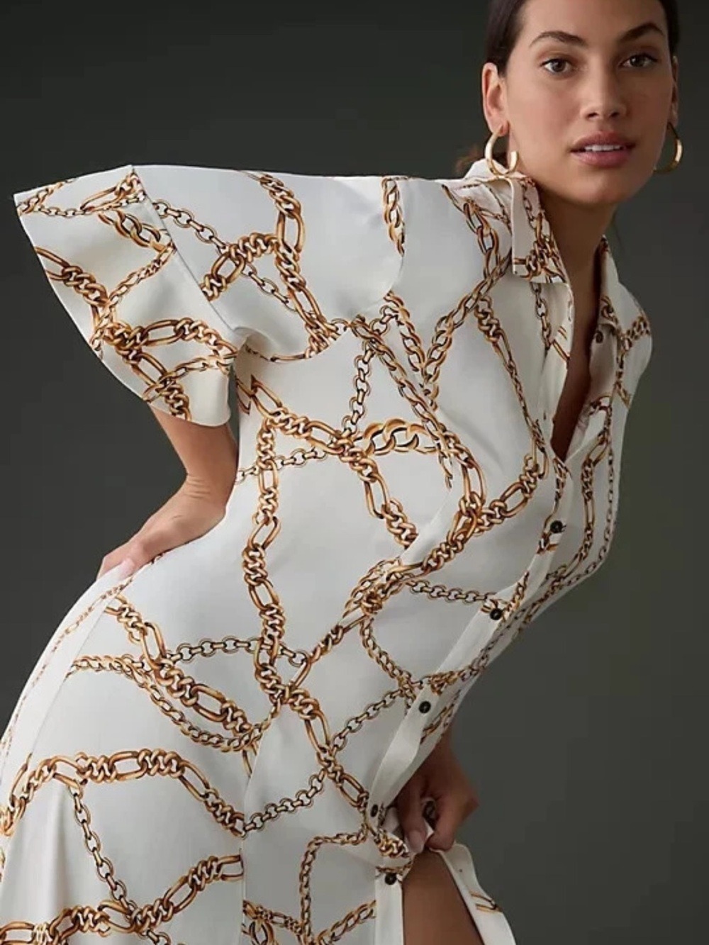 Maeve Anthropologie White Gold Chain Print Maxi Shirt Dress 2X Old Money Boho - Picture 8 of 17